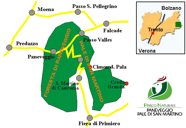 Mappa e logo del Parco Naturale Paneveggio-Pale di San Martino 